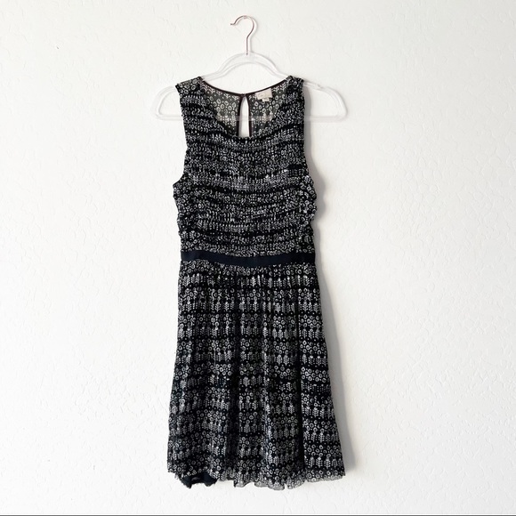 Anthro Postage Stamp Women's Mesh Fit and Flare Mini Dress Black White Print Sm - Picture 1 of 8
